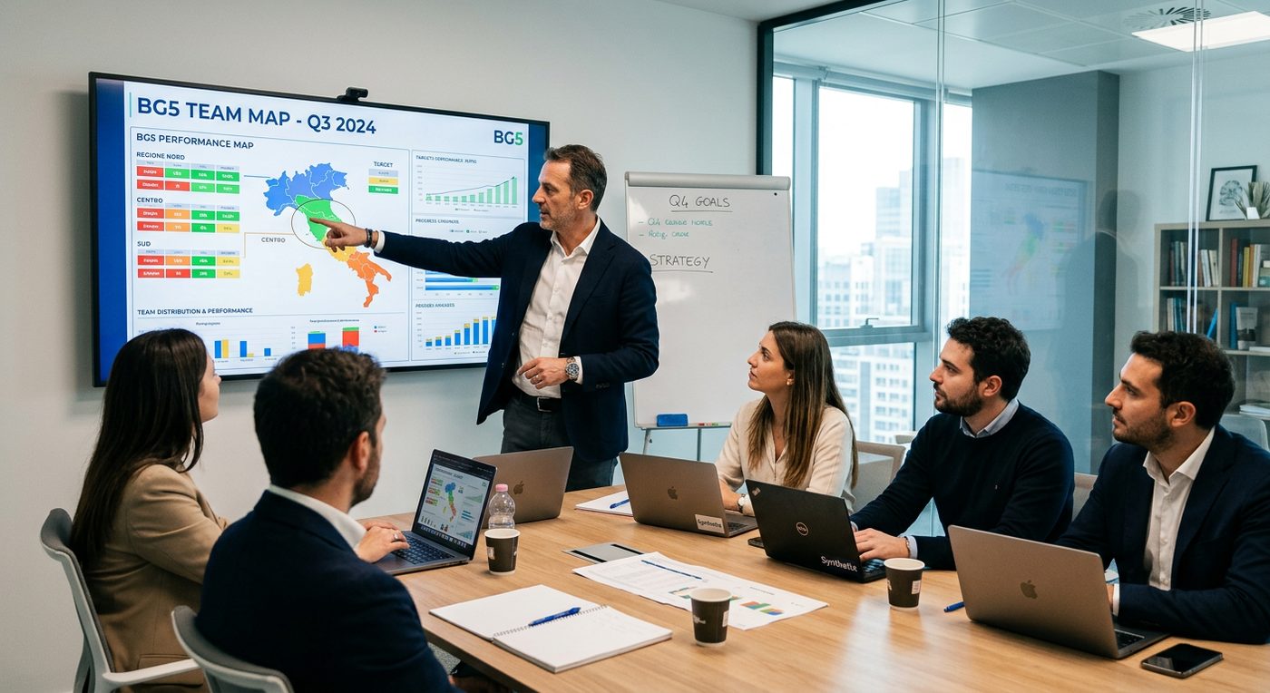 Manager che osserva la mappa Human Design (metodo BG5) del proprio team durante una riunione strategica